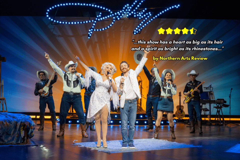 A Dolly Parton actress and an actor on stage for the Here You Come Again musical