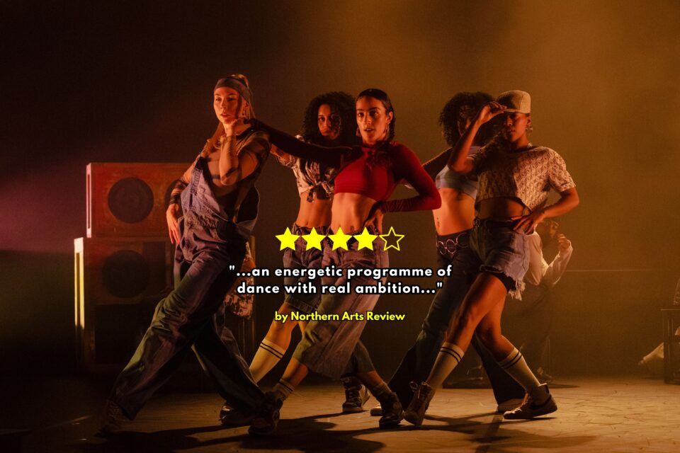 Dancers for Phoenix Dance Theatre in hip hop inspired outfits strut on the stage at York Theatre Royal